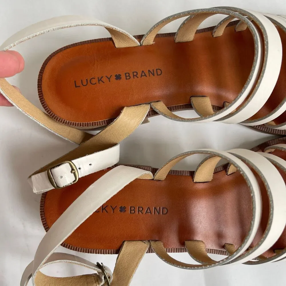 Lucky Brand Firola 9.5 M White Leather Strappy Sandals‎ Ankle Straps Summer